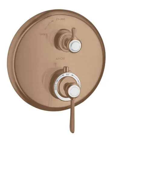 Thermostat mit Hebelgriff und Absperrventil aus gebürstetem Rotgold. Die Marke AXOR ist deutlich sichtbar. Regulierung für heiße und kalte Wassertemperatur.